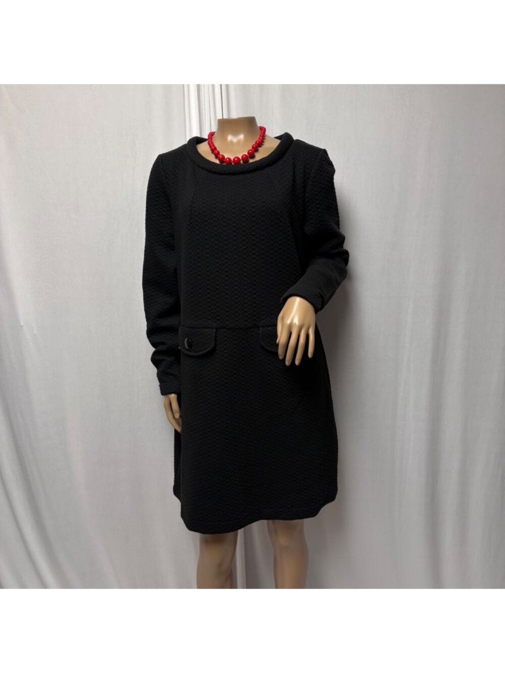 Boden Black Textured A-Line Dress Size 12R Button Pockets Long Sleeve Office